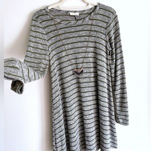 Knit Simple Dress with Long Sleeves and Horizontal Stripes and Built In Necklace